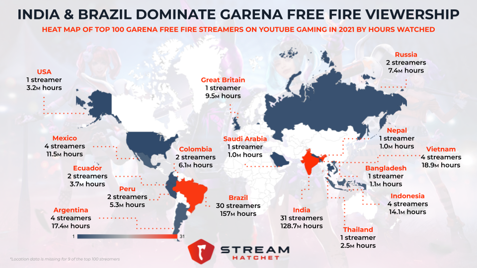 Map of world with locations of the top Garena Free Fire streamers and hours watched for each country