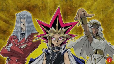 Yu-Gi-Oh! Characters posing in front of a gold background